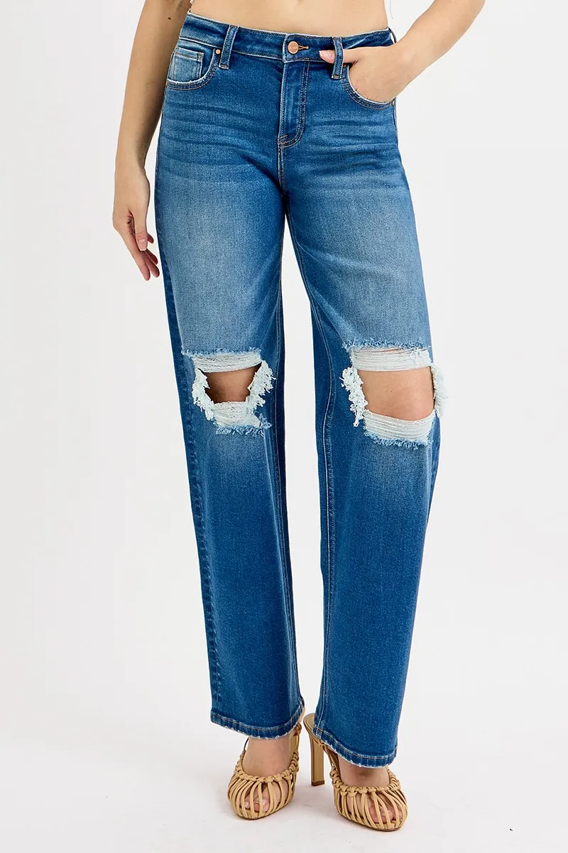 Full Size Mid Waist Fit Boyfriend Knee Distressed Jeans Plus Size, image 2