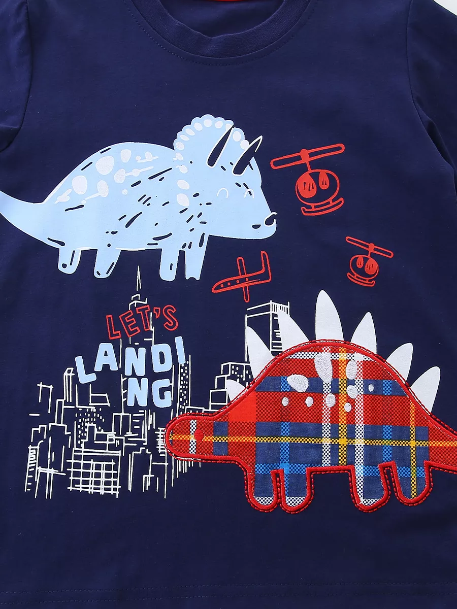 Children's Dinosaur Graphic Tee and Plaid Shorts Set, image 3