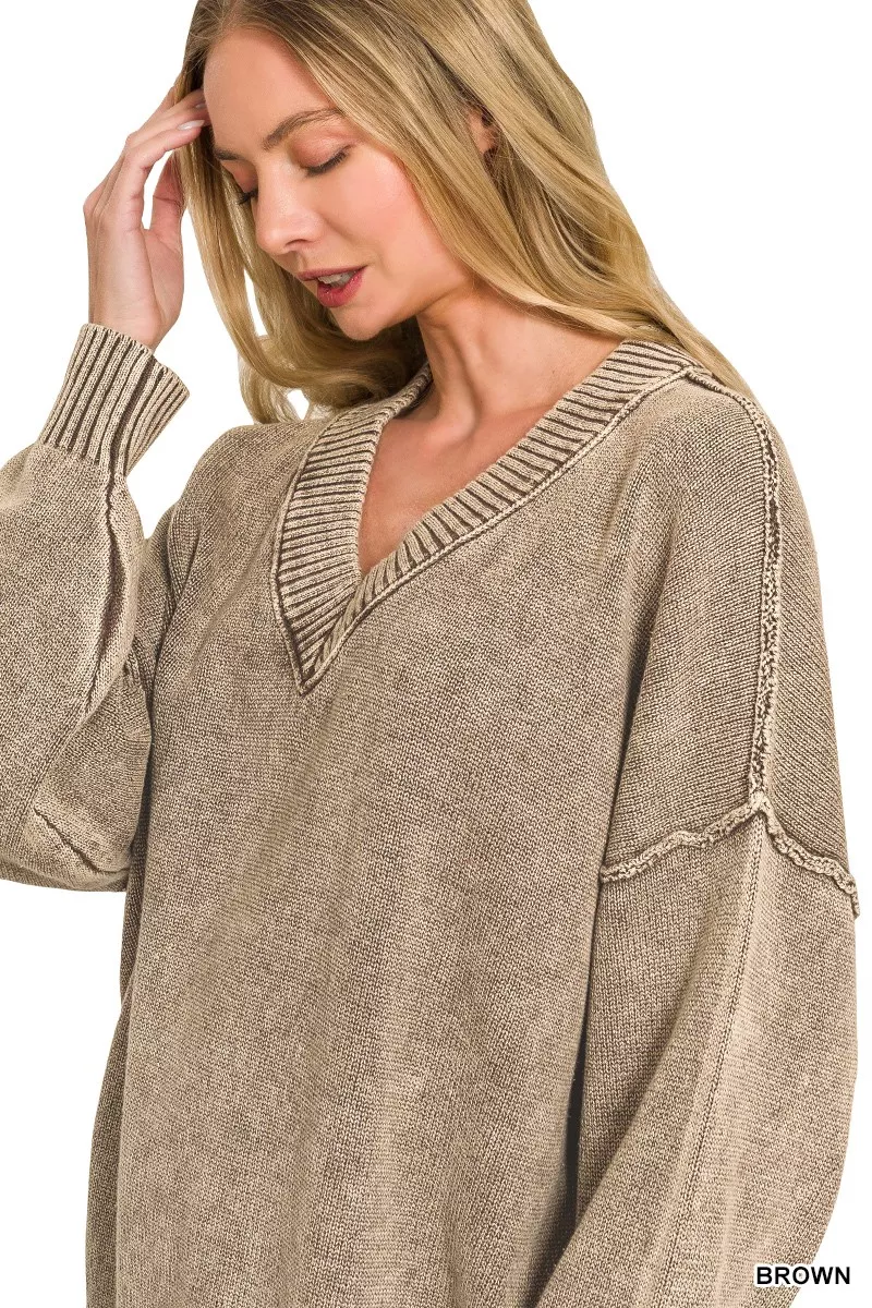 Zenana Washed Deep V-neck Oversized Sweater, image 4