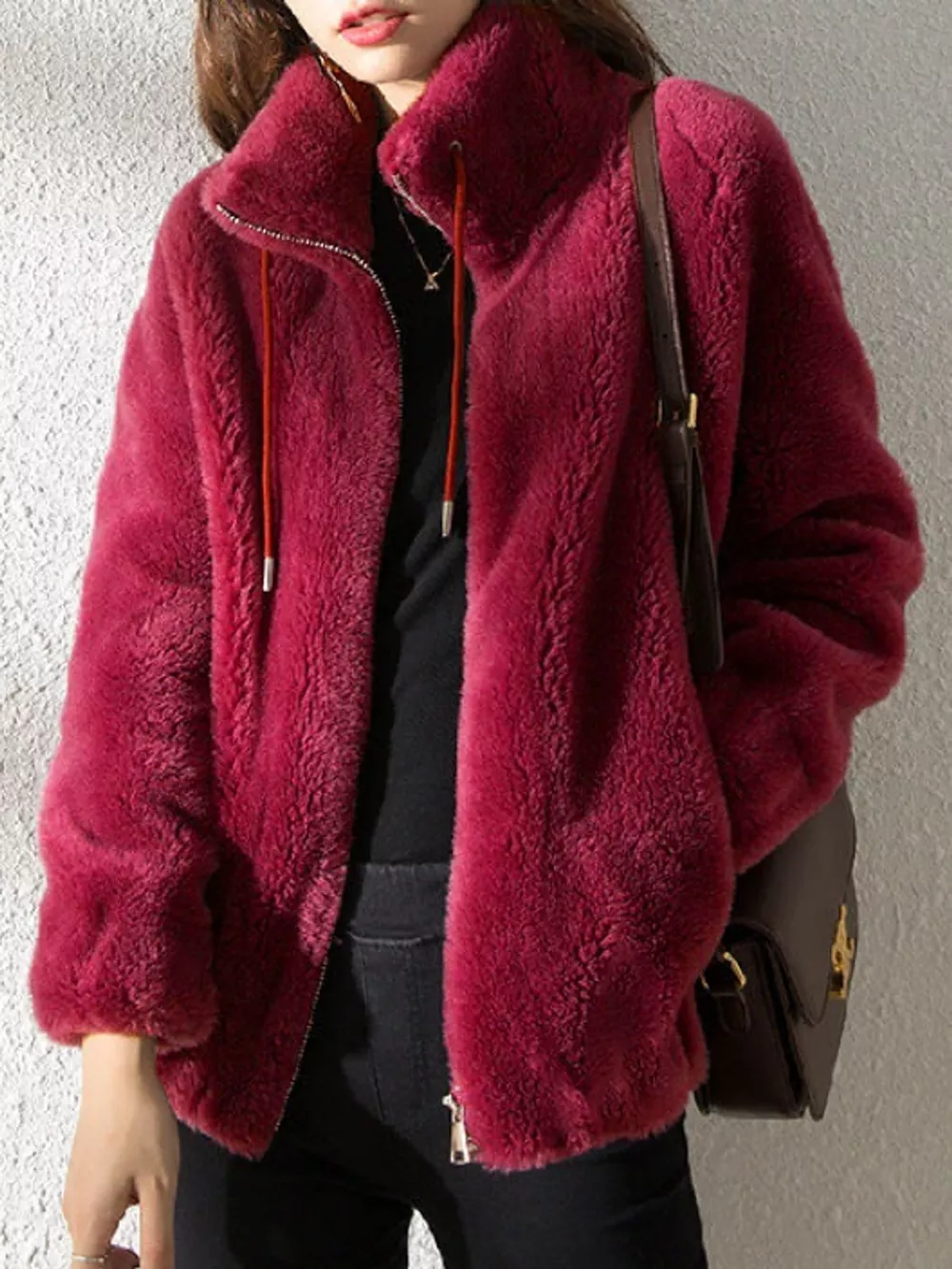 Full Size Drawstring Faux Fur Stand-Collar Zip-Up Outerwear Plus Size, image 26