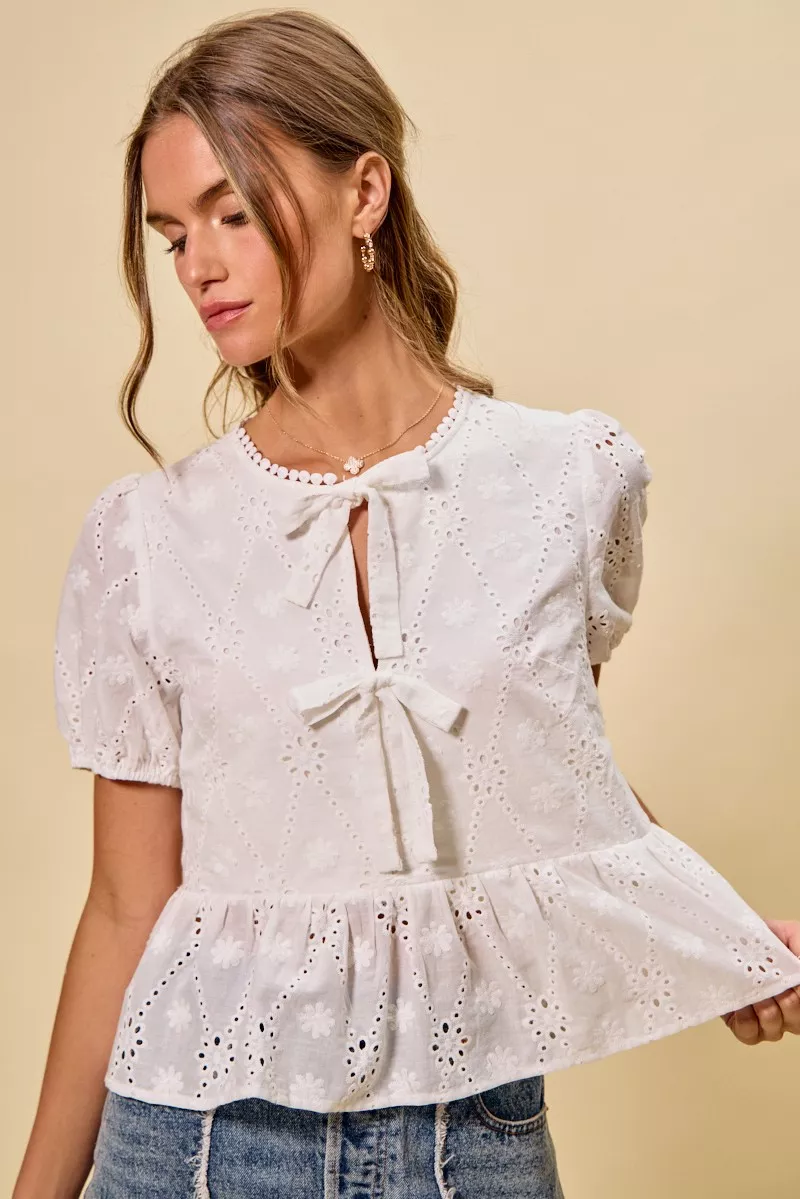 Cotton Eyelet Front Tie Short Sleeves Blouse, image 11
