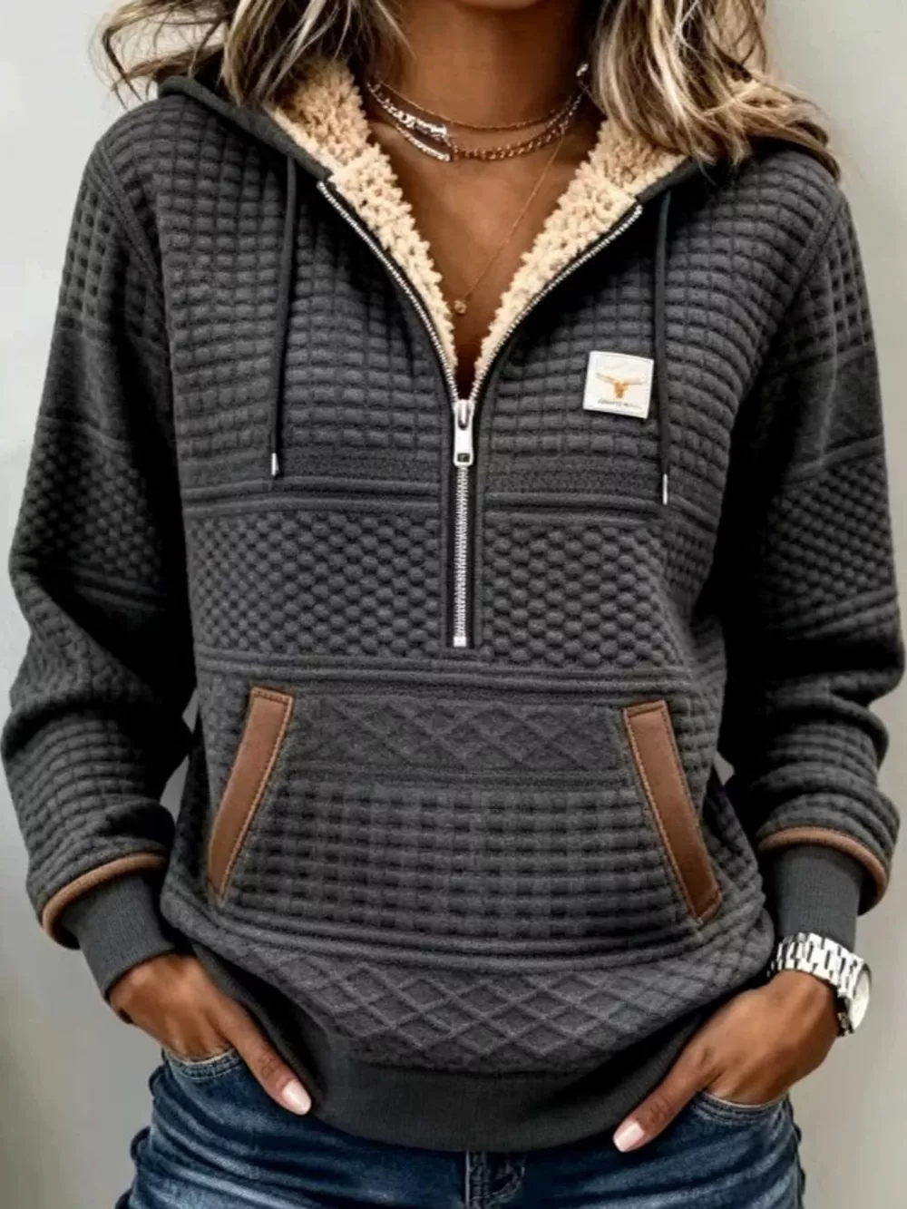 Full Size Half Zip Texture Hoodie Plus Size