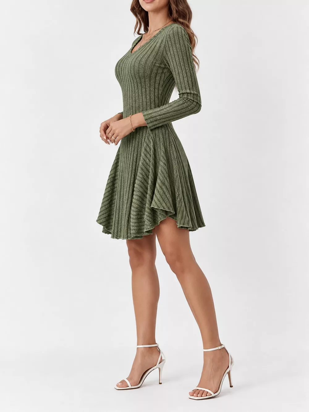 V-Neck Ribbed Knit A-Line Dress, image 2