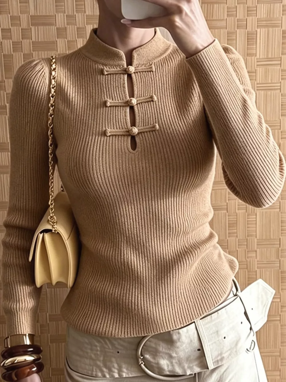 Chinese-Style Button Ribbed Knit Top, image 7