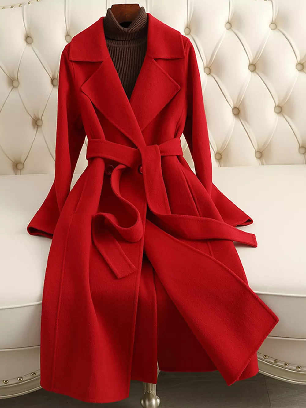 Longline Wool Coat with Waist-Defining Belt, image 18
