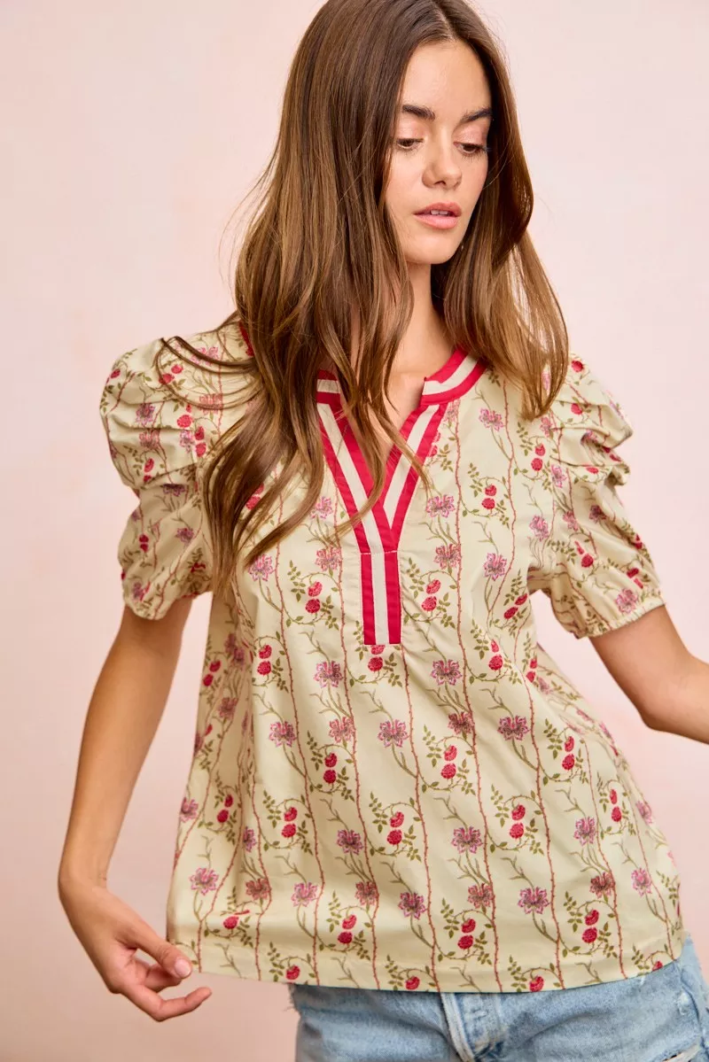Floral Gather Sleeves Contrast Neckband Blouse Top, image 7
