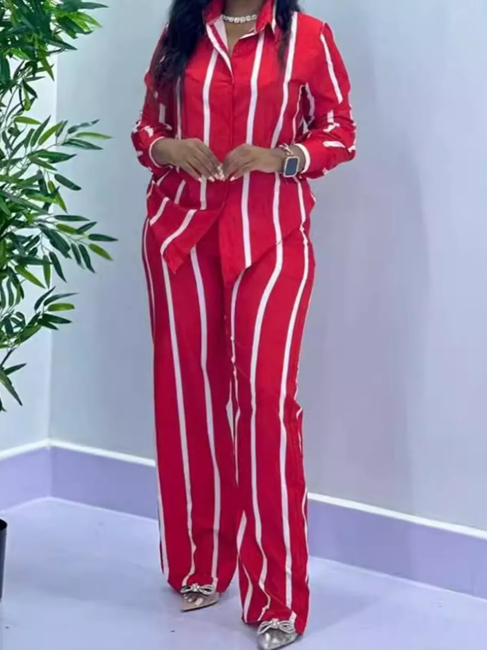 Striped Button-Down Shirt and Wide-Leg Pants Two-Piece Set, image 6