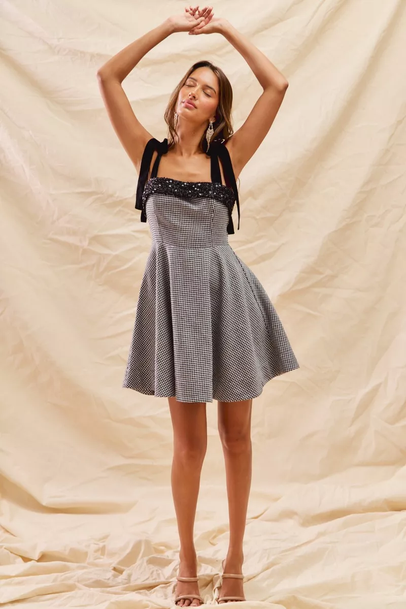Houndstooth Fit Flare Mini Dress with Shoulder Tie, image 9