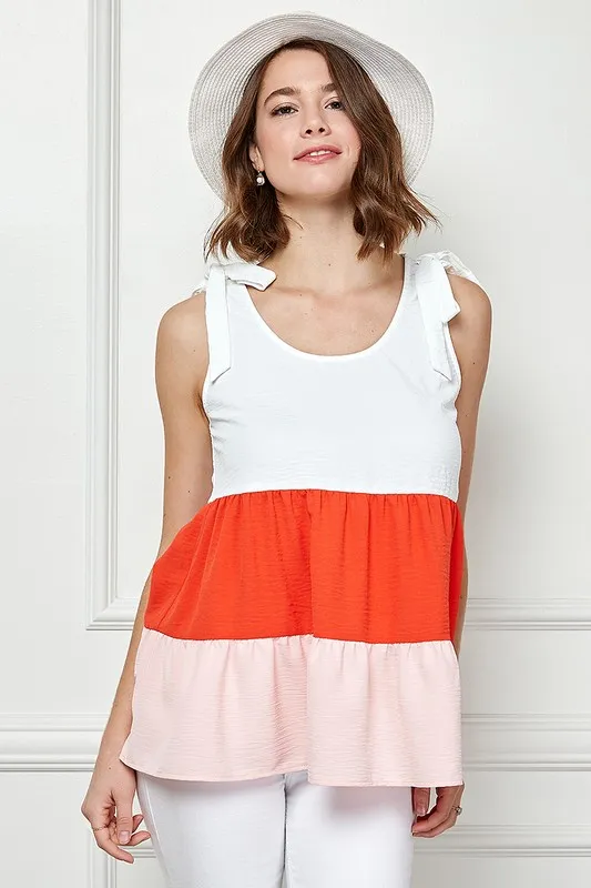 Color Block Sleeveless Tie Shoulder Babydoll Top