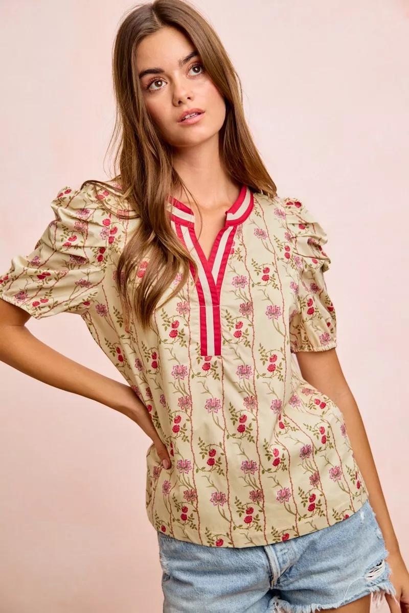Floral Gather Sleeves Contrast Neckband Blouse Top, image 8