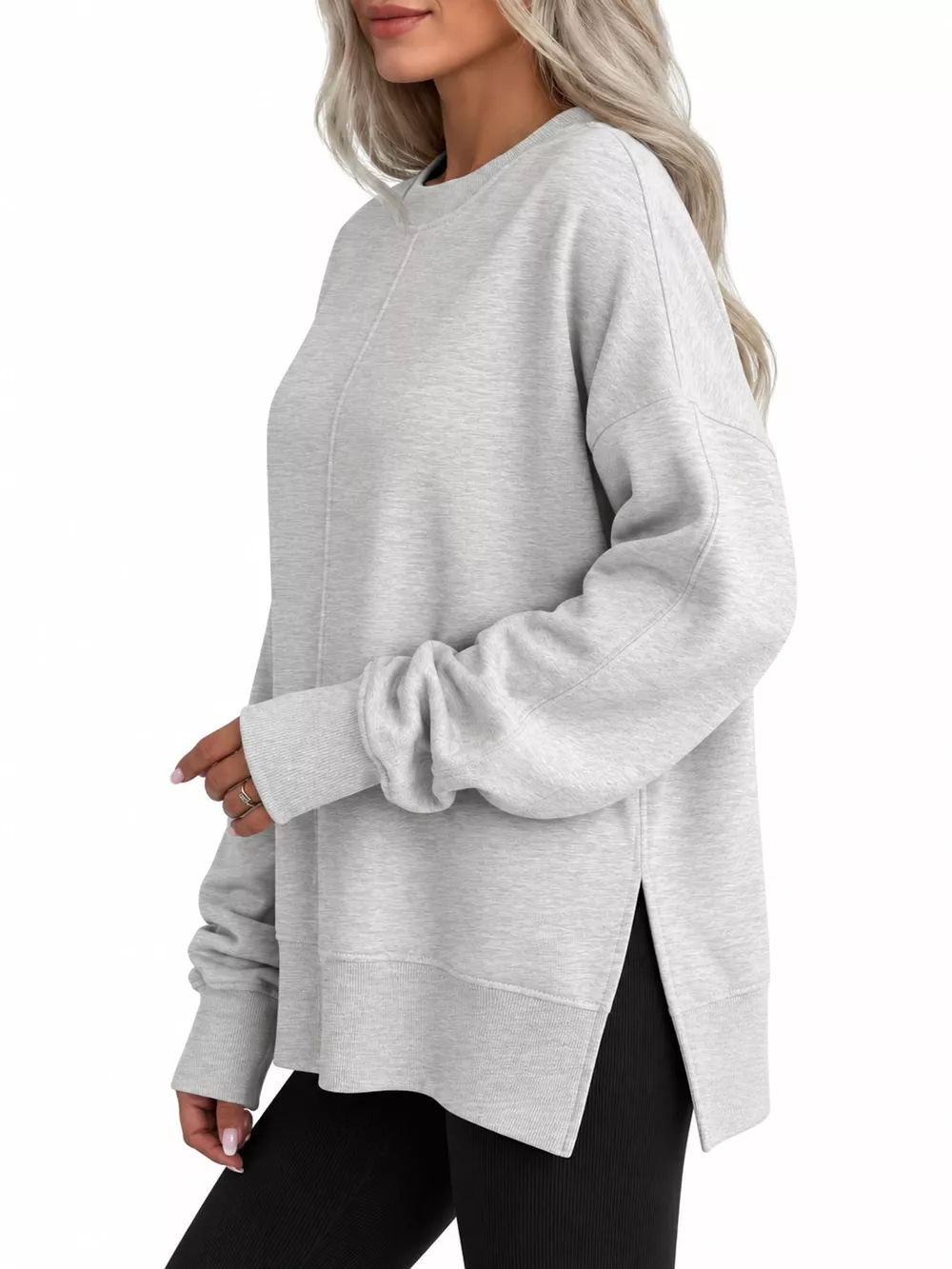 Oversized Crew Neck Sweatshirt with Side Slit, image 18