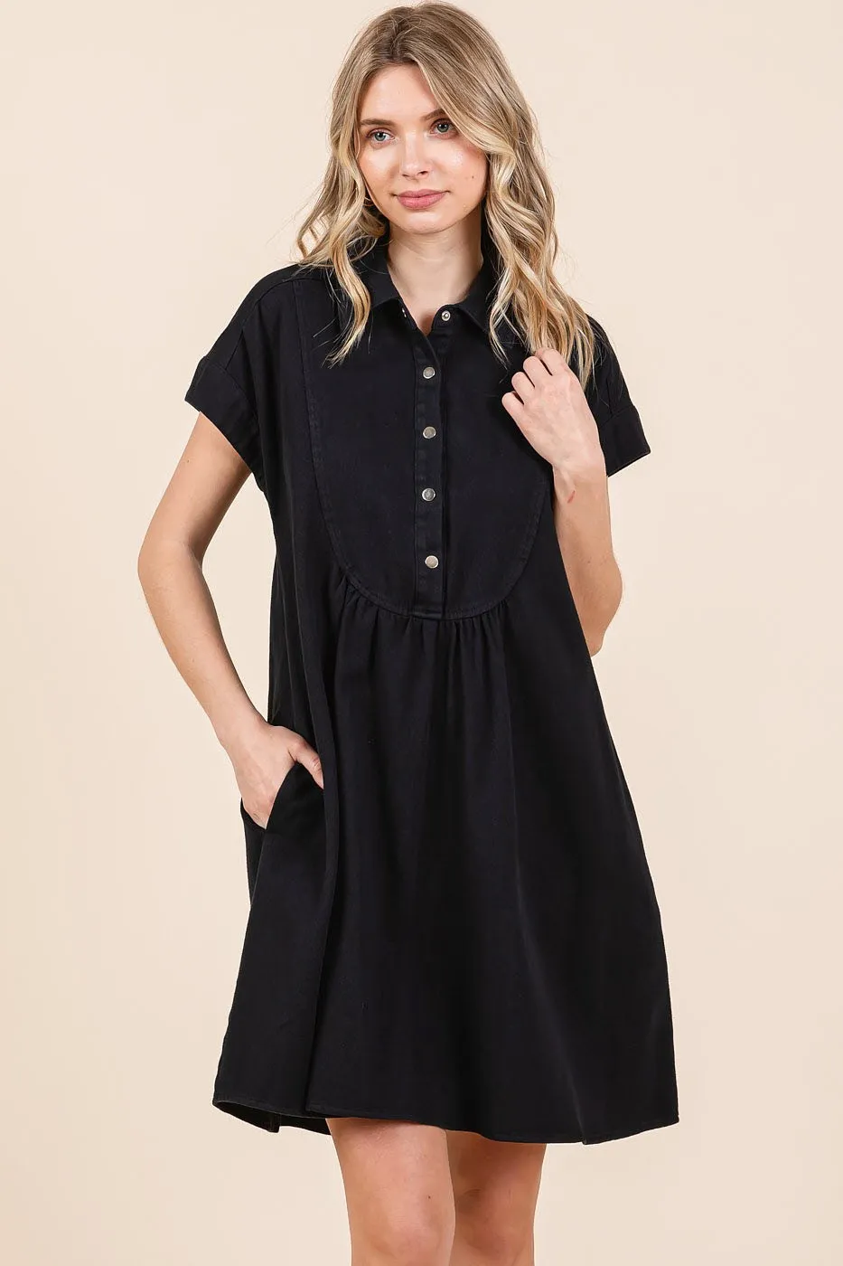 Twill Short Sleeve Collared Mini Dress, image 2