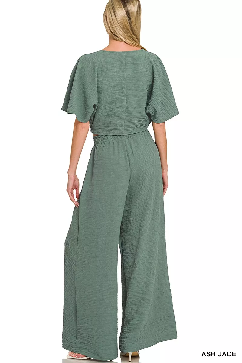 Woven Airflow Twisted Top & Wide Leg Pants Set, image 3