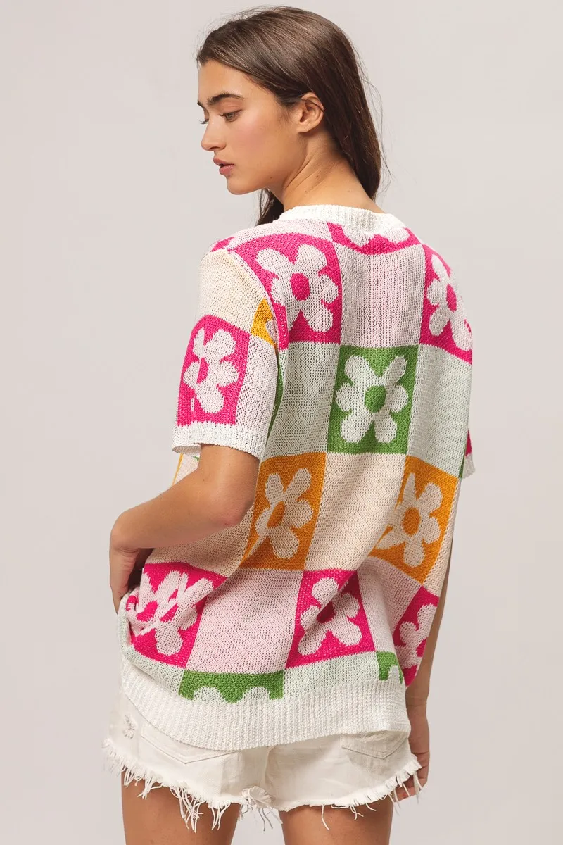 Flower Checker Pattern Lightweight Sweater Top, image 5