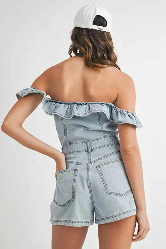 Off Shoulder Ruffle Detail Denim Romper, image 9