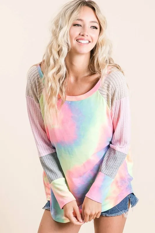 Tie Dye Terry Top with Color Block Pointelle Knit, image 3