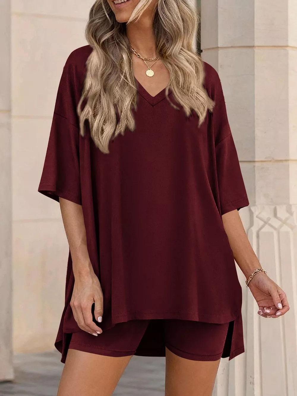 Full Size Casual Loose V-Neck T-Shirt & Shorts Set Plus Size, image 20