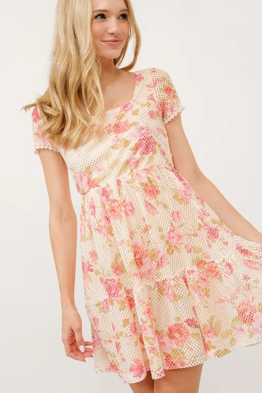 Square Neck Tiered Floral Fishnet Dress, image 5