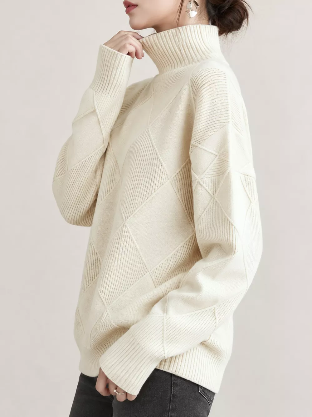 Full Size Diamond Pattern Turtleneck Sweater Plus Size, image 75
