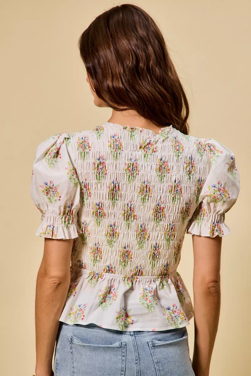 Floral Cotton Smocked Short Sleeves Blouse, image 7