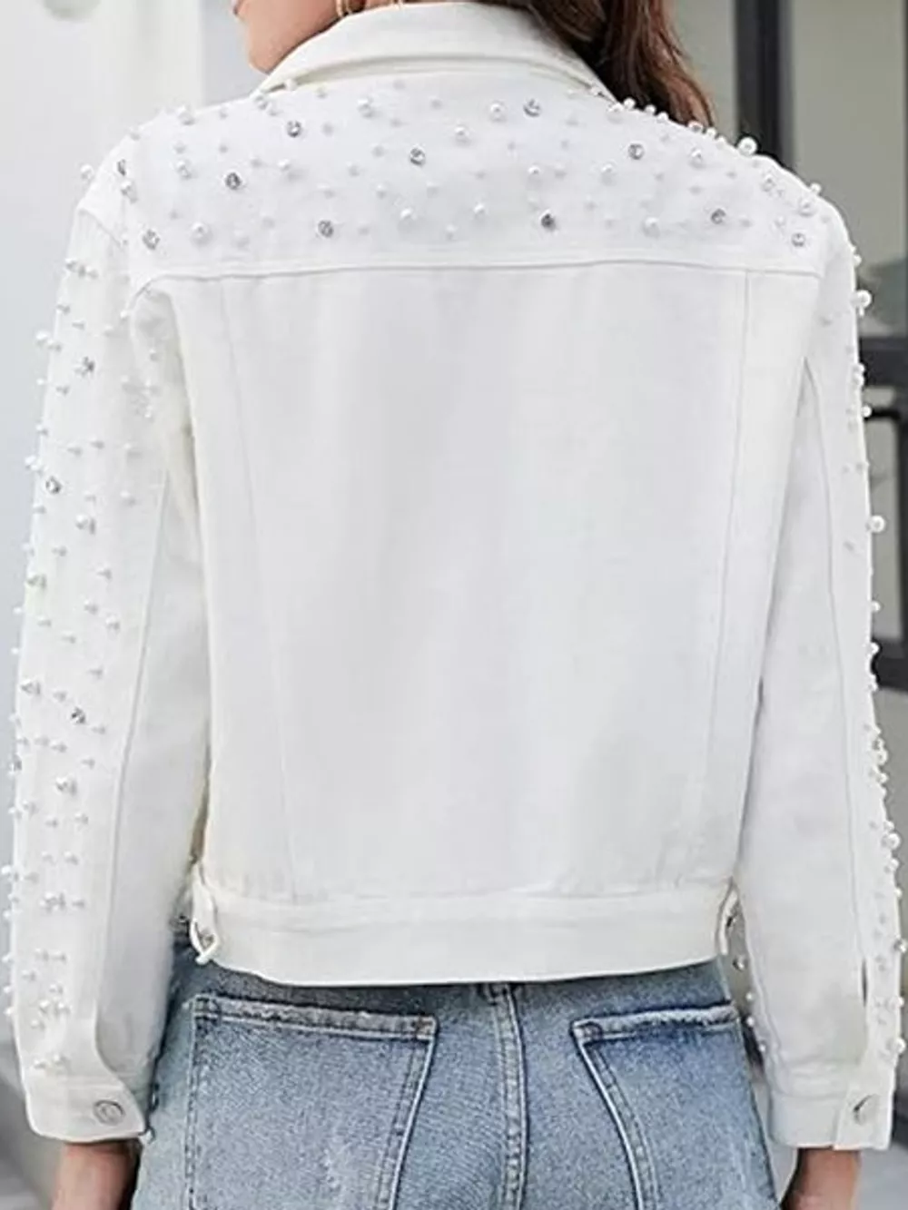 Pearl Detail Button Up Denim Jacket, image 12