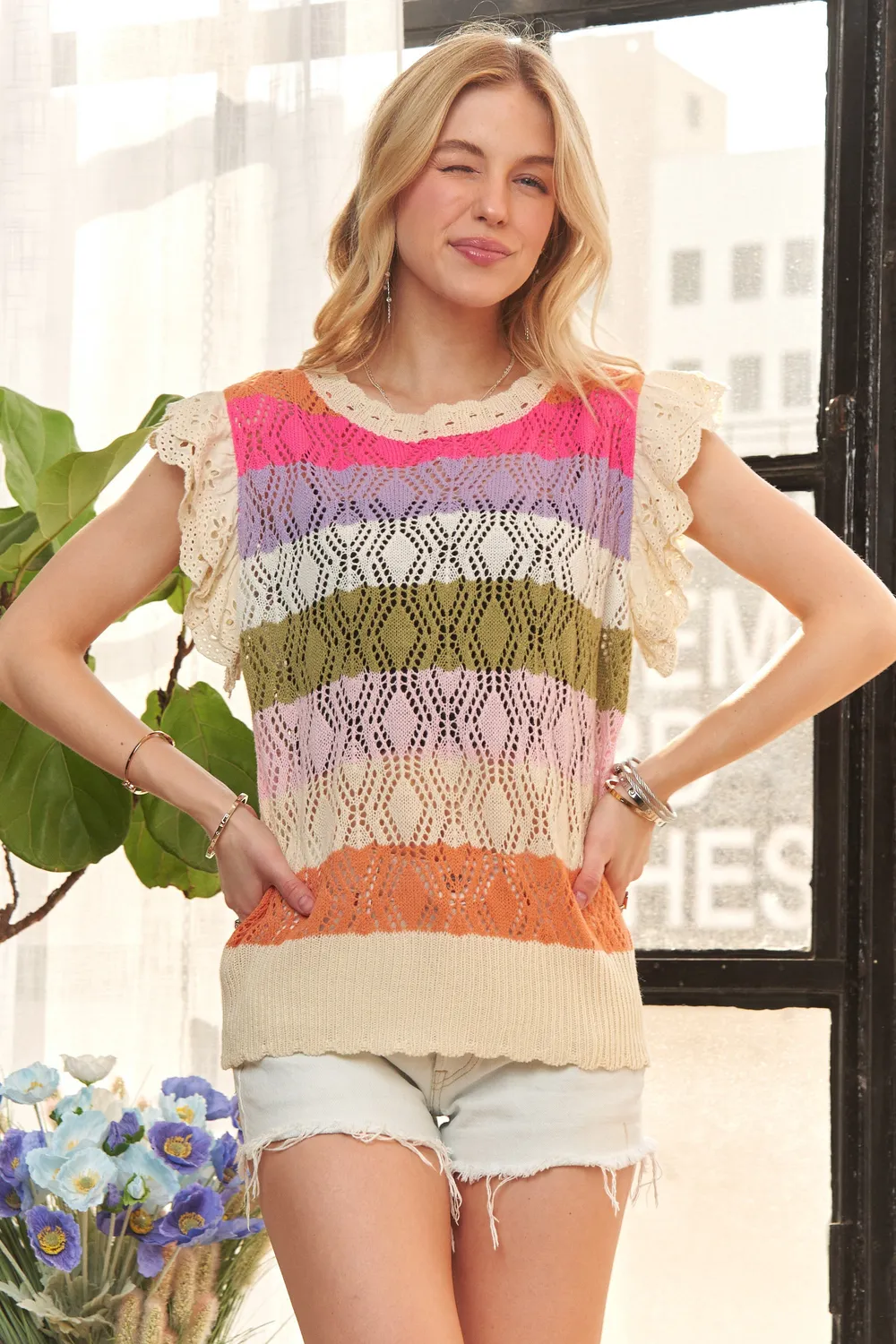 Eyelet Sleeve Multi Color Crochet Top, image 7