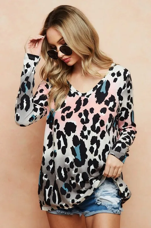 Gradation Leopard Print Soft Knit Deep U Neck Top, image 6