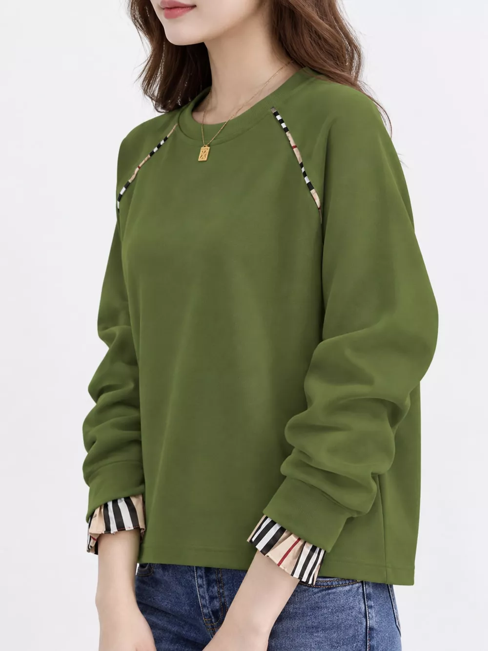 Plaid-Trimmed Crew Neck Sweatshirt, image 10