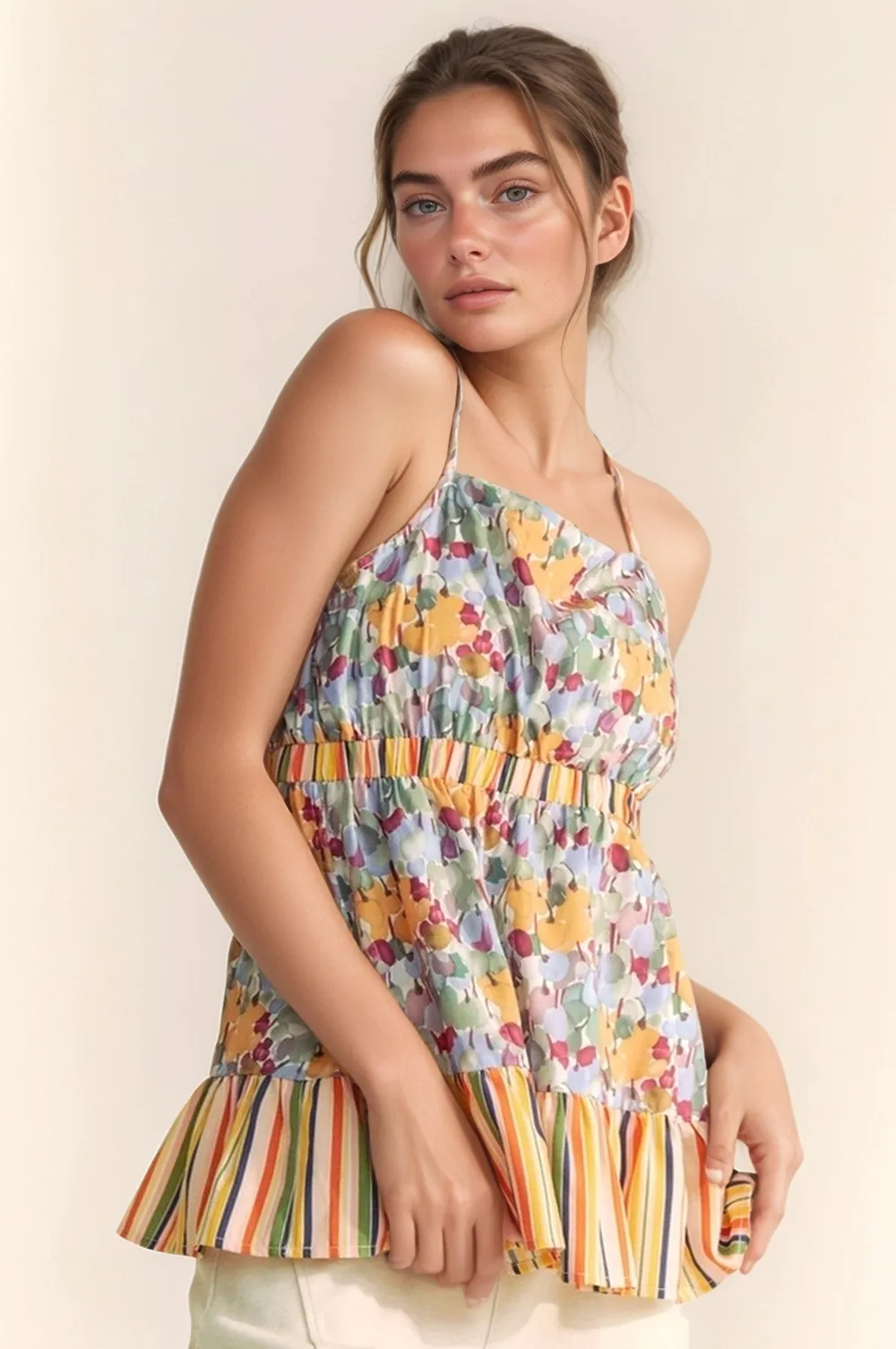 Floral Smocked Sleeveless Ruffle Back Tie Top, image 3