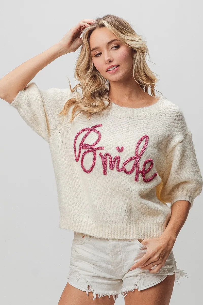 Metallic Letter Short Puff Sleeve Hairy Sweater, image 11