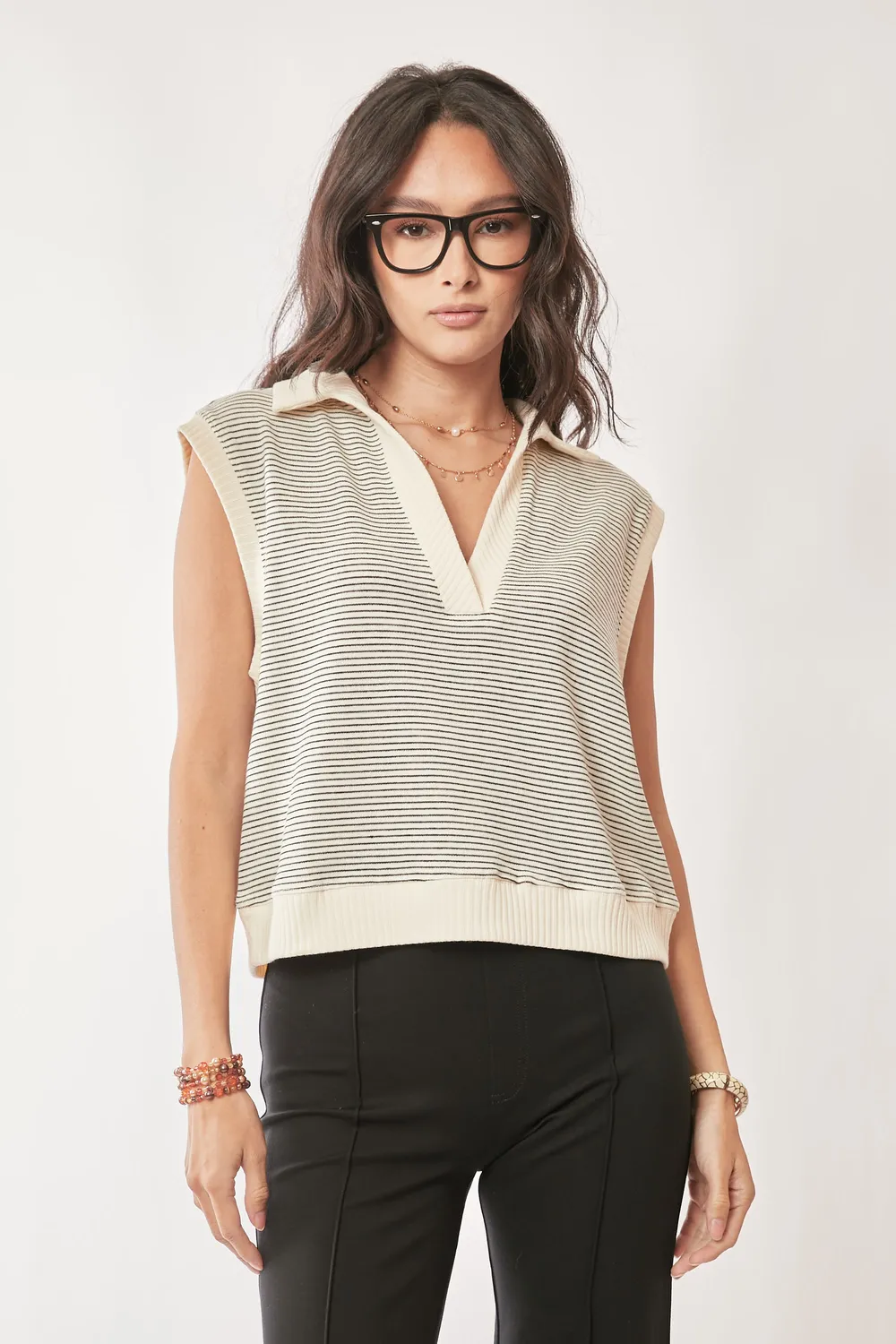 French Terry Boxy Fit Striped Sweater Vest