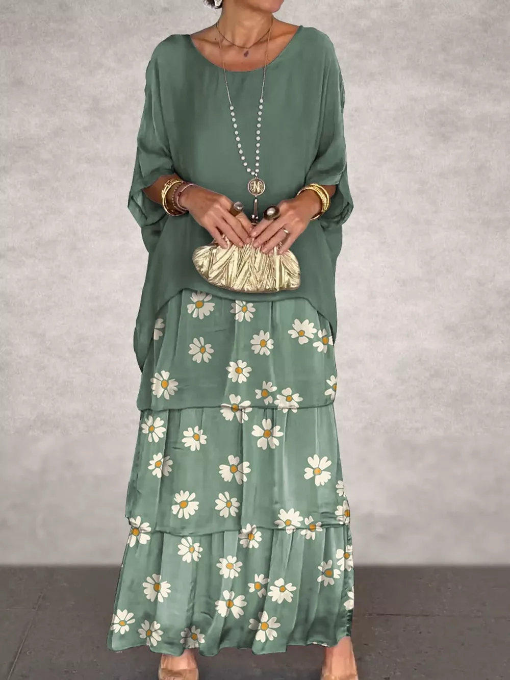 Full Size Layered Batwing Sleeve Maxi Dress Plus Size, image 36