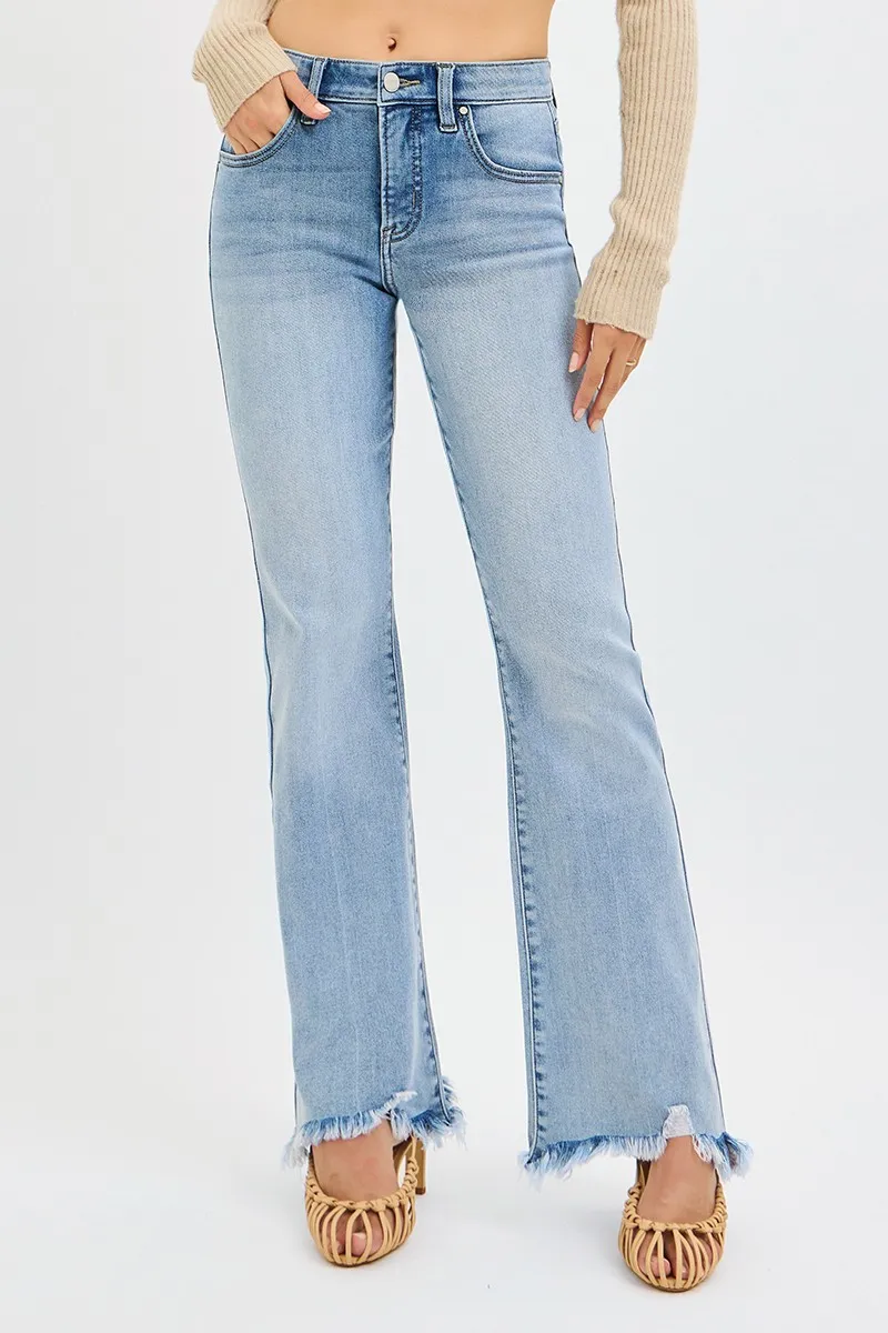 Full Size Tummy Control Mid Rise Flare Jeans with Fray Hem Detailed Plus Size