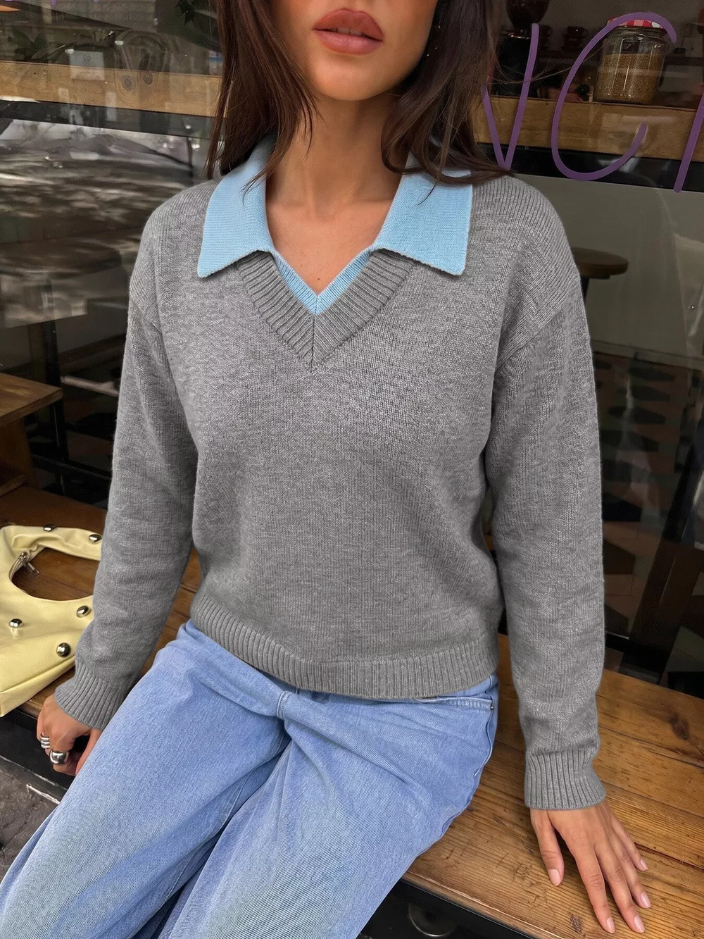 Contrast Collar Dropped Shoulder Sweater, image 3