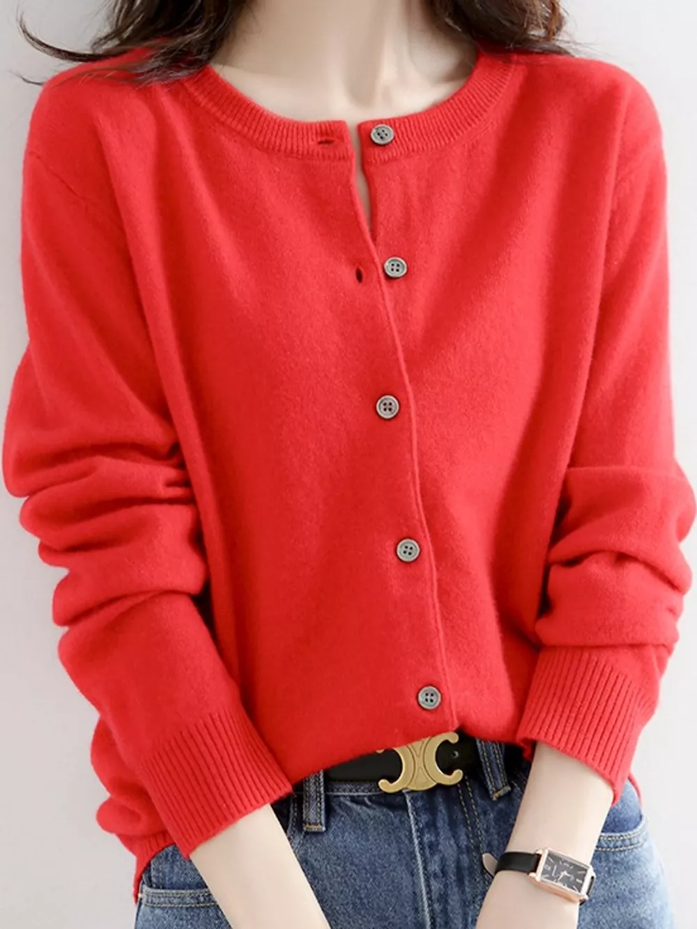Crew-Neck Button-Down Cardigan, image 8
