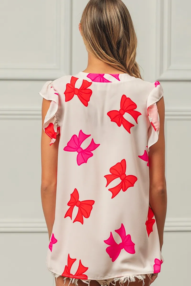 Bow Printed Woven Ruffled Sleeves V Neck Top, image 20