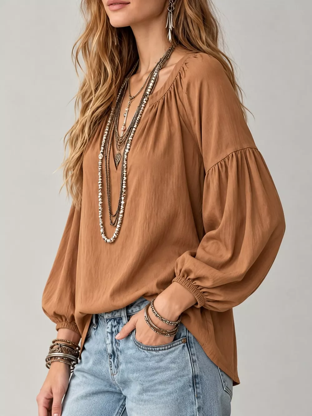 Full Size Notched Balloon Sleeve Blouse Plus Size, image 22