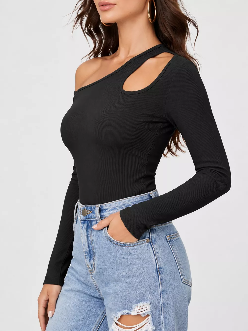 One-Shoulder Cut-Out Long Sleeve T-Shirt, image 4