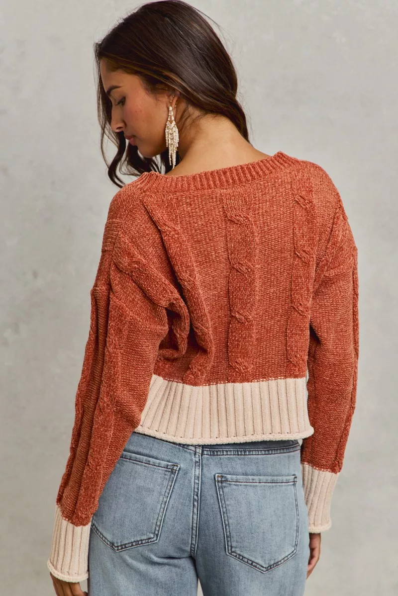 Chenille Cable Knit V Neck Contrast Cropped Sweater, image 11