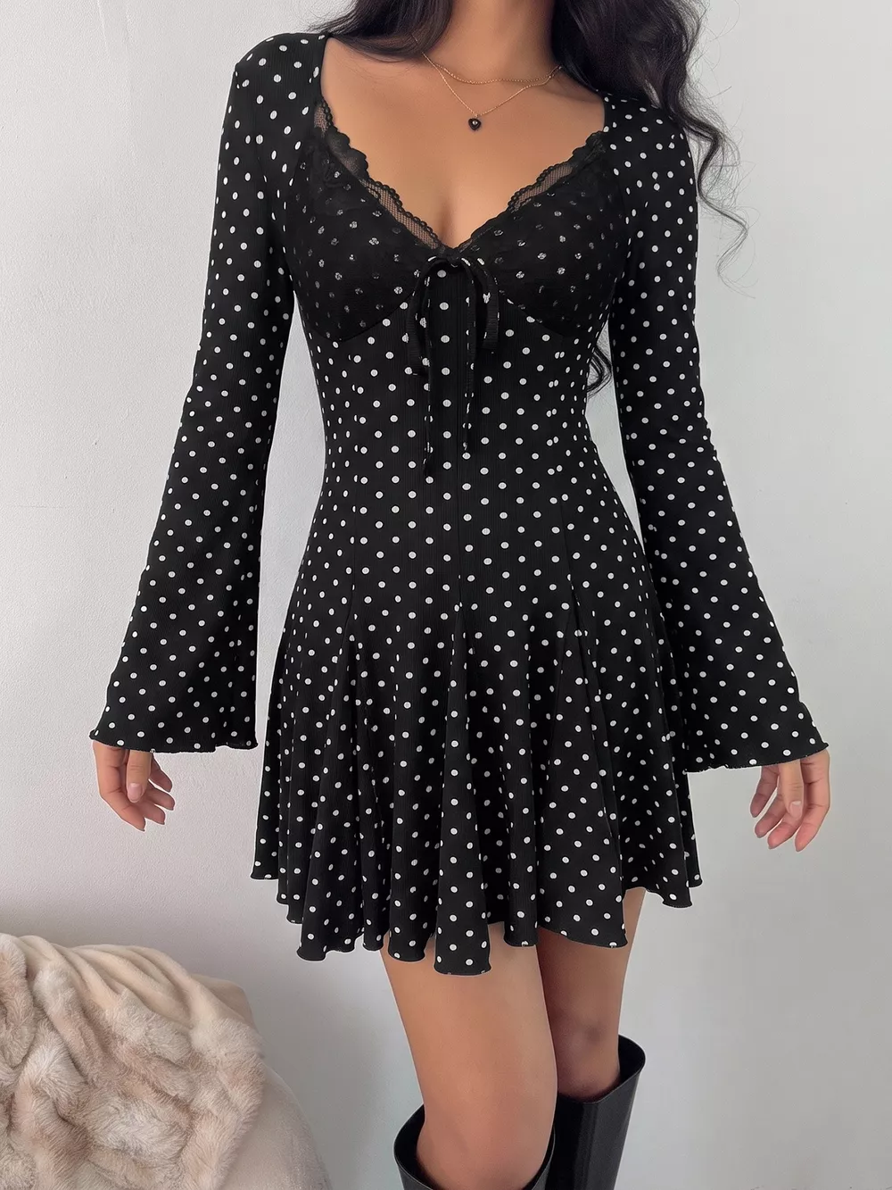 Polka Dot Lace Trimmed V-Neck Mini Dress, image 3