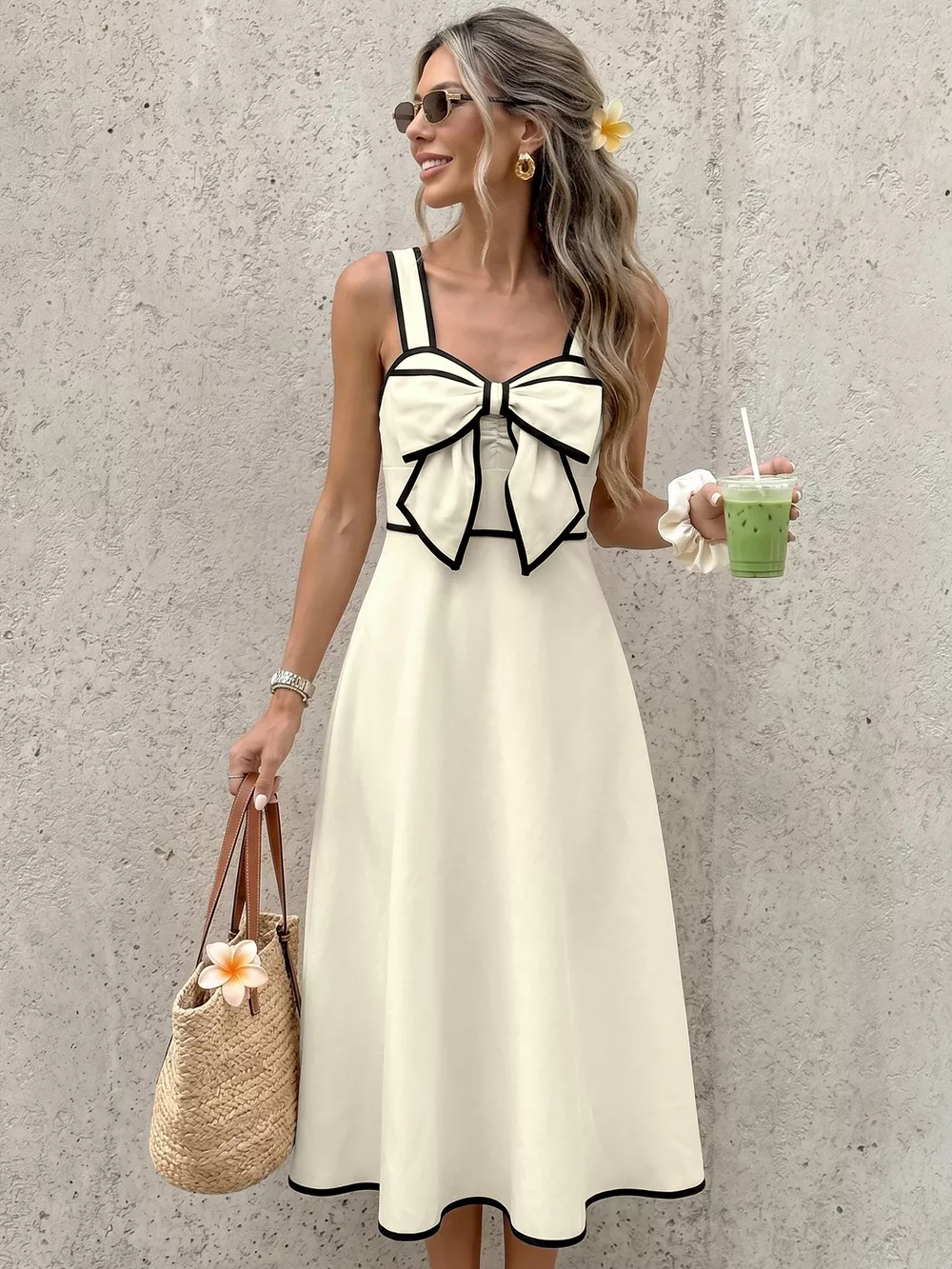 Bowknot Trim A-Line Midi Dress, image 2