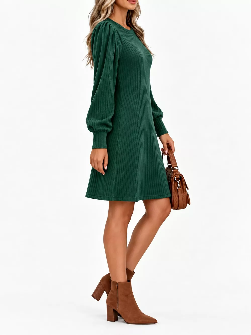 Puff Sleeve Ribbed Knit Dress with Pockets, image 13