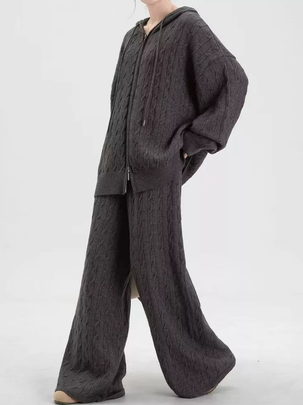 Cable Knit Zip-Up Hooded Cardigan and Wide-Leg Pants Sweater Set, image 3