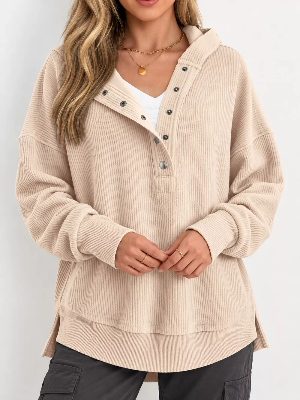 Full Size Snap Button Placket Dropped Shoulder Hoodie Plus Size, image 28