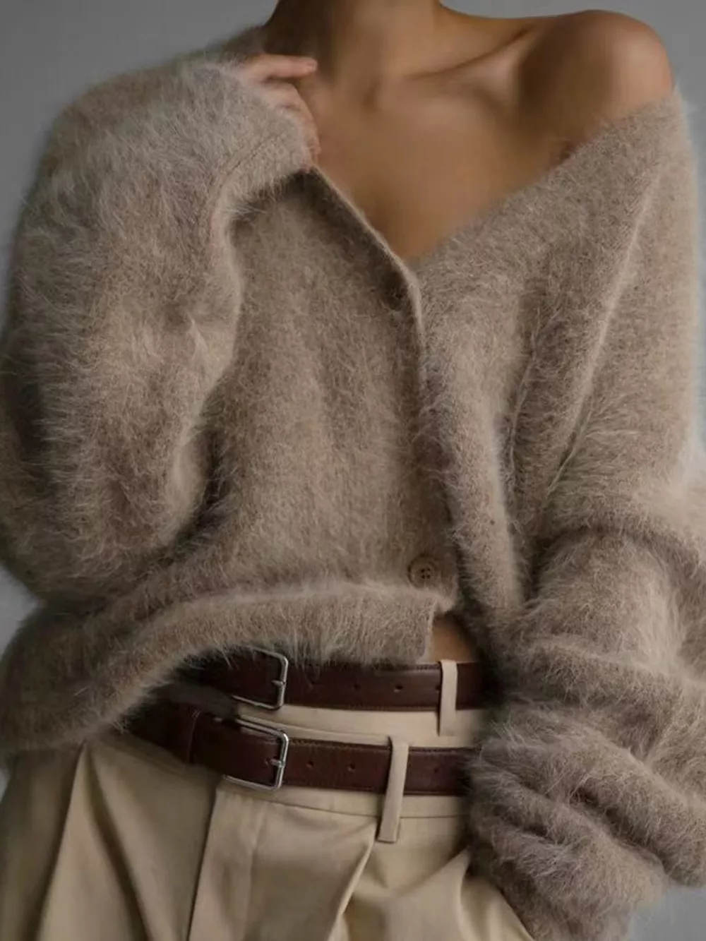Fuzzy V-Neck Button-Down Cardigan, image 17
