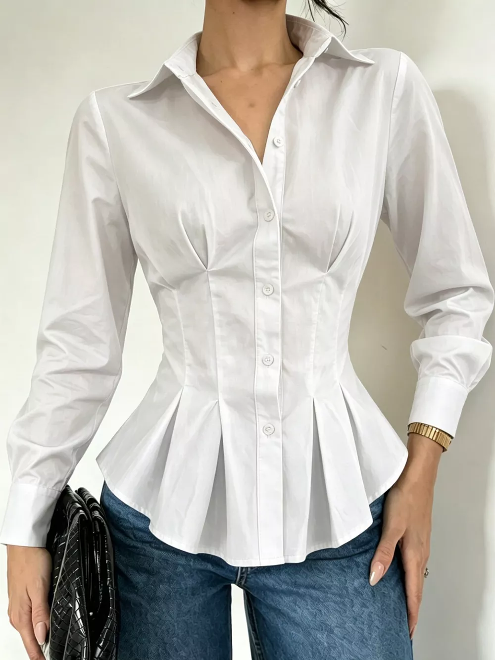 Button-Down Peplum Blouse with Fitted Waist, image 15