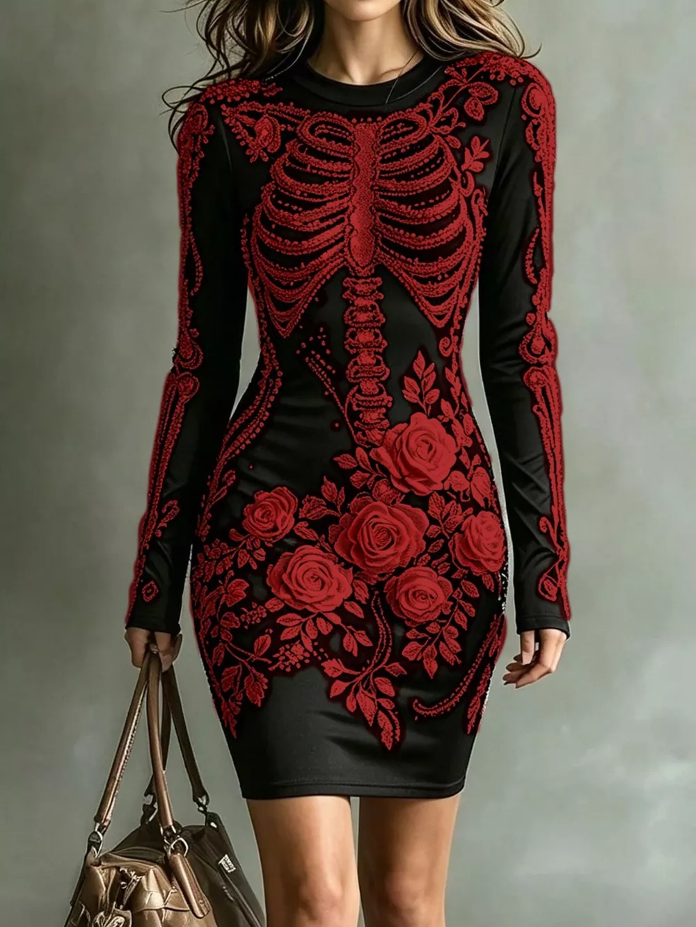 Skeleton Floral Long Sleeve Bodycon Dress, image 6