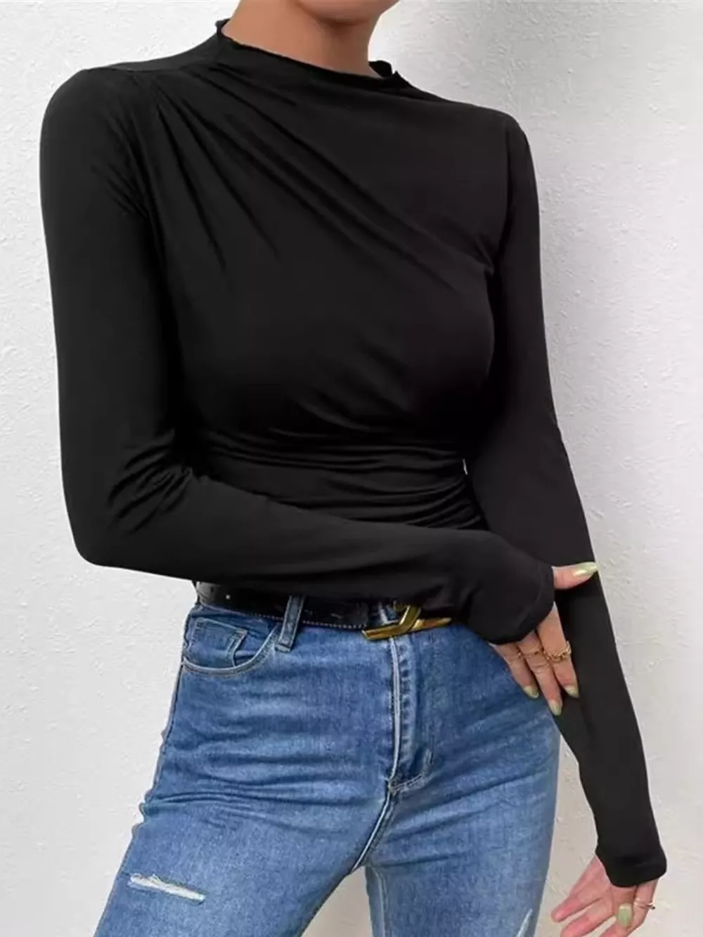 Ruched Long Sleeve Slim-Fit T-Shirt, image 6