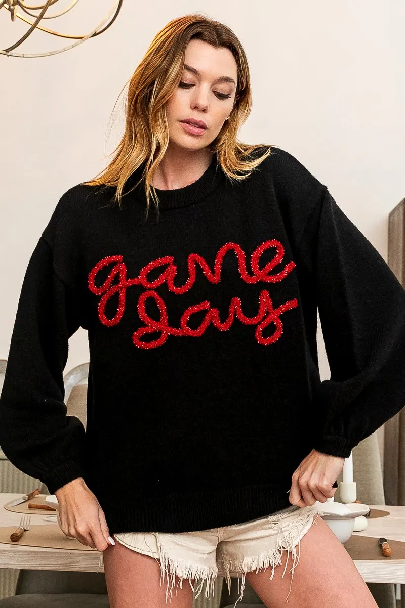 Game Day Metallic Letter Sweater