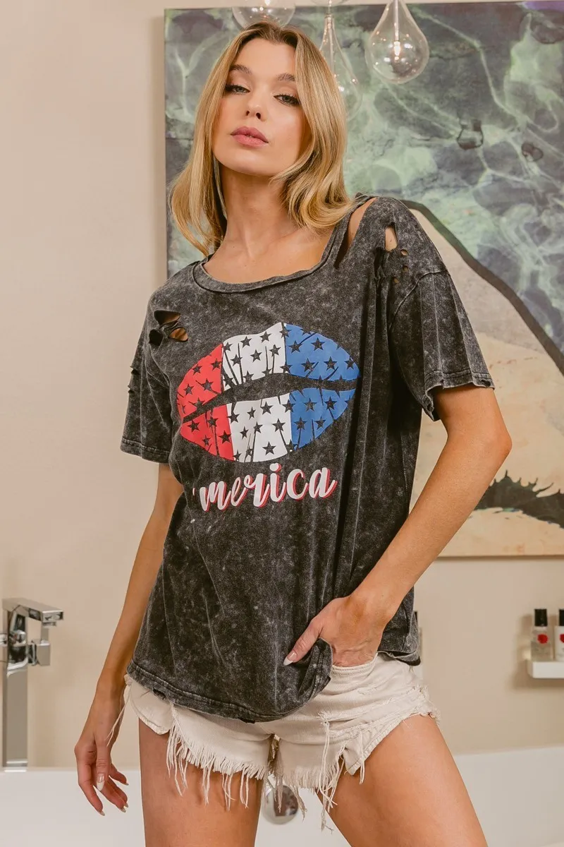 Laser Cut Mineral Washed Old Glory Lip Print Top, image 3